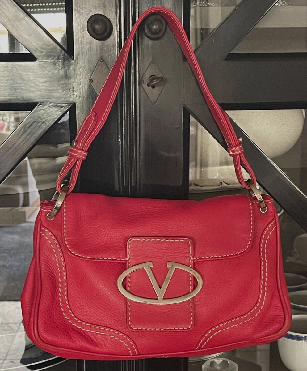 Valentino Vintage V logo Red Leather Tote Bag With Contrasting White  Stitches