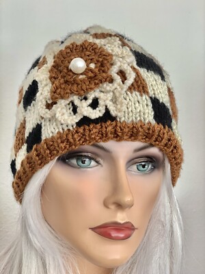 Hand Knits 2 Love Beanie Hat Cap Plaid Flowers Hip Hand Knits 2 Love Hat Beanie Cap Flowers Gold Designer  main image 3