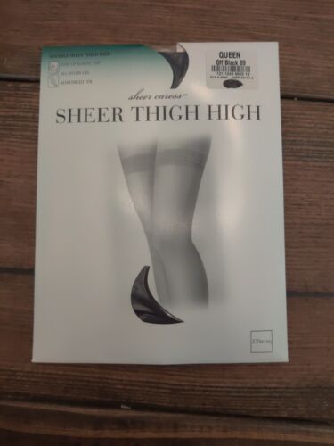 Vintage JC Penney Sheer Caress Off Black Thigh High Sz Queen Stockings - Foto 1 di 4
