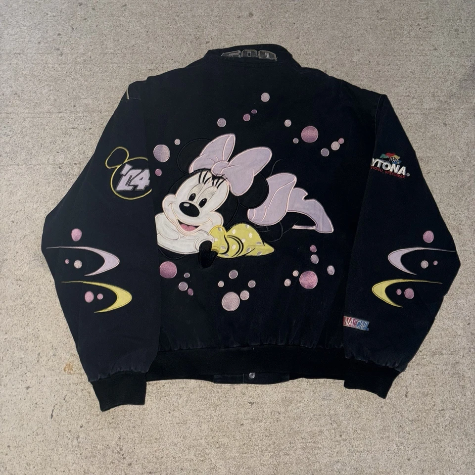 Chaqueta NASCAR de colección Minnie Mouse - chaqueta de ropa de calle negra y rosa #NASCAR Foto 2 de 3
