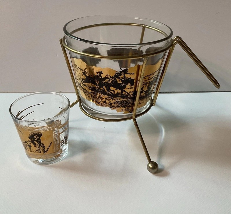 VINTAGE MCM CHARLES RUSSELL COWBOY WESTERN 24K GOLD COCKTAIL  SET
