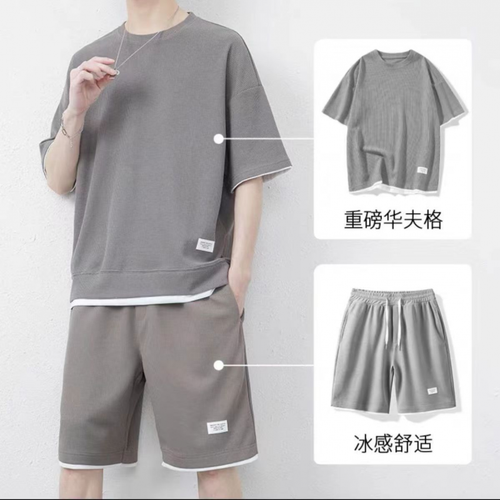 Men's Waffle Shorts Short Sleeve Sports Casual Suit Two-piece Short Sleeve Sets - Picture 3 of 20