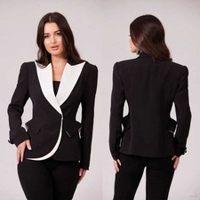 Fashion Women Black Suit Jacket Single Breasted White Peak Lapel Business Pants