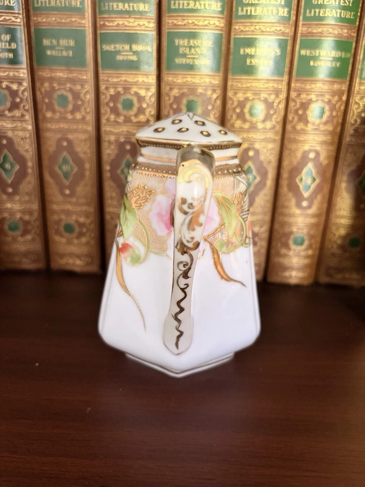 Antigua coctelera de azúcar Nipón pintada a mano floral adorno dorado 1890-1920 5" Foto 3 de 4