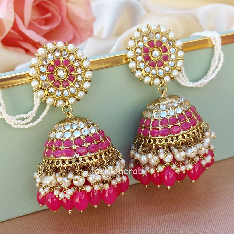 Indian Bollywood Style Hot Pink Enameled Pearl Jhumka Earrings Girls  Jewelry Set