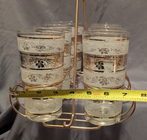 Vintage Set of 8 MCM Gold Leaf Grapevine Glasses Gold Atomic Caddy - Picture 5 of 5