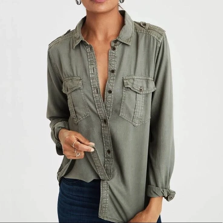 American Eagle Green Button Down Utility Shirt Size Xsmall Women's | eBay