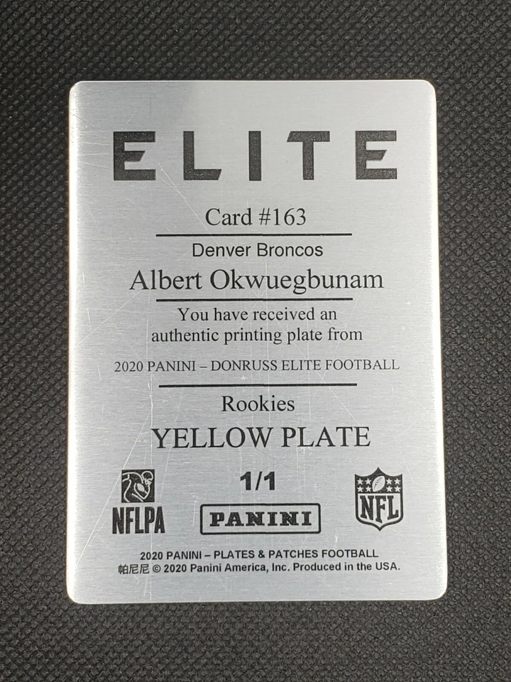 ALBERT OKWUEGBUNAM 2020 Panini Donruss Elite PRINTING PLATE #1/1 Broncos Patches - Image 2 of 2