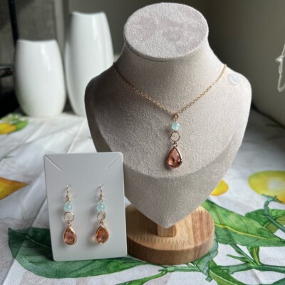 Peach Jewelry Set, Crystal Mini Hoop, Baby Blue Jade, Cottagecore, Casual