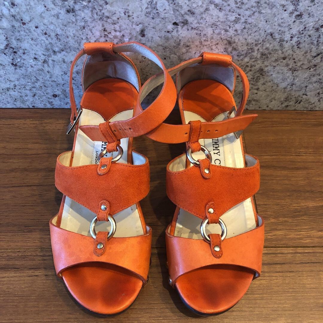JIMMY CHOO orange Open Toe sandals studs leather Size 35