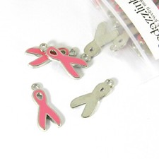 20 Pink Enamel Silver Plated Breast Cancer Awareness Ribbon Jewelry Charms