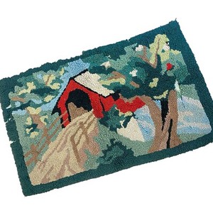 Hooked Rug Covered Bridge Handmade VTG Country 21x35 MCM Retro "Aunt Lydia"