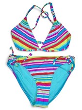 ROXY GIRL 2 Piece Bikini Sz 16 Multicolor Stripe Print Full Coverage Swimwear
