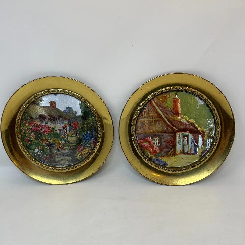 Two Vintage Brass Hanging Foil Art Framed Pictures Under Glass Round 7.5" - Image 2 of 4