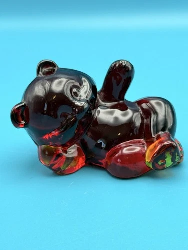 Vintage Fenton Glass Ruby Red Reclining Bear Figurine USA Amberina Glows UV