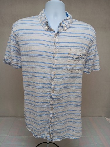 Ben Sherman Mens Shirt 2XL Fits Medium White Blue Striped Linen Blend Shirt - Picture 2 of 14