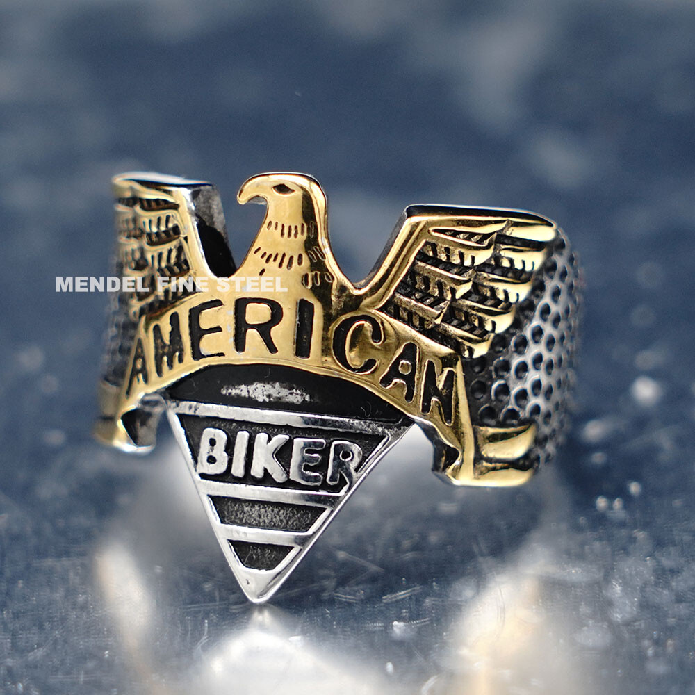 MENDEL Men's Gold Plated Biker Ring With St Michael Angel Wings Cross - Sizes 7-15
