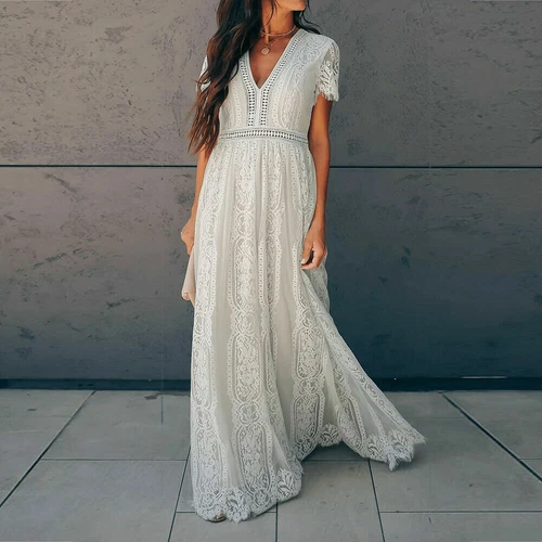 Langes Maxikleid Damen V-Ausschnitt Kurzarm Spitze Party Abend Formell Cocktail - Bild 6 von 9