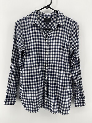 J Crew Boy Fit Button Up Shirt Womens Size 4 Medium Blue White Checks Fast Ship