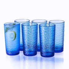 22oz Blue Acrylic Glasses Drinkware (Set of 6), Honeycomb Stackable Shatter-P...
