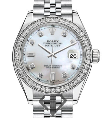 Womens 26mm Rolex Datejust SS Jubilee RN White MOP Baguette Dial & Diamond Bezel