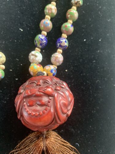 Vtg Cloisonné Necklace Triple Carved Wood Buddha … - image 1