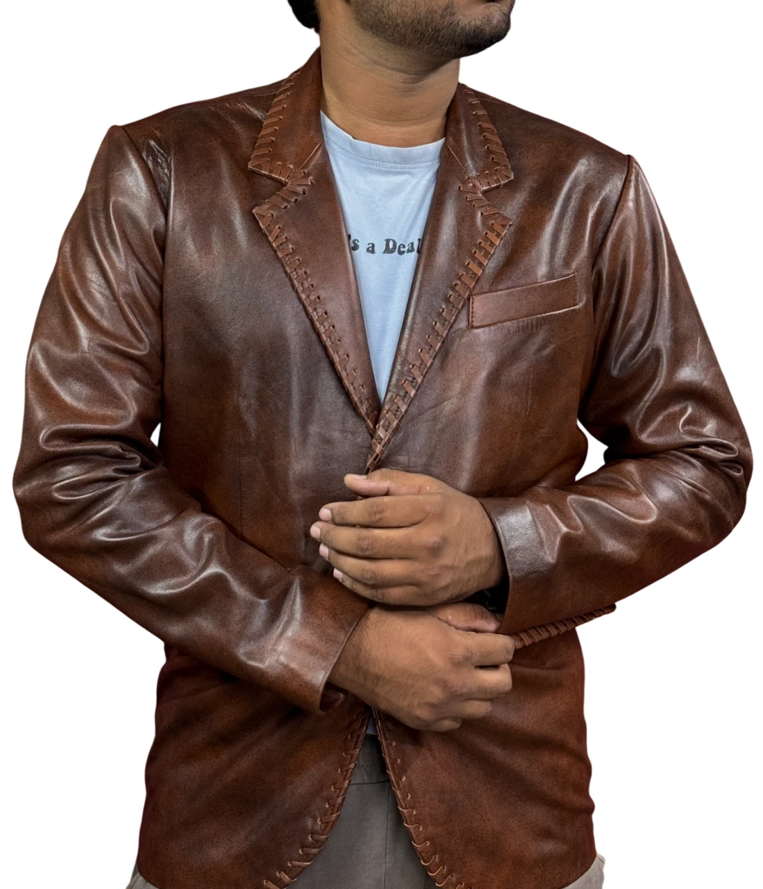 Men's Genuine Lambskin 100% Leather Blazer Soft TWO BUTTON Tan Brown Coat Jacket