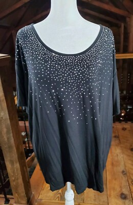 Cathy Daniels Womens Sparkly Top 2x Black Silver Embellished Plus Short Sleeve 