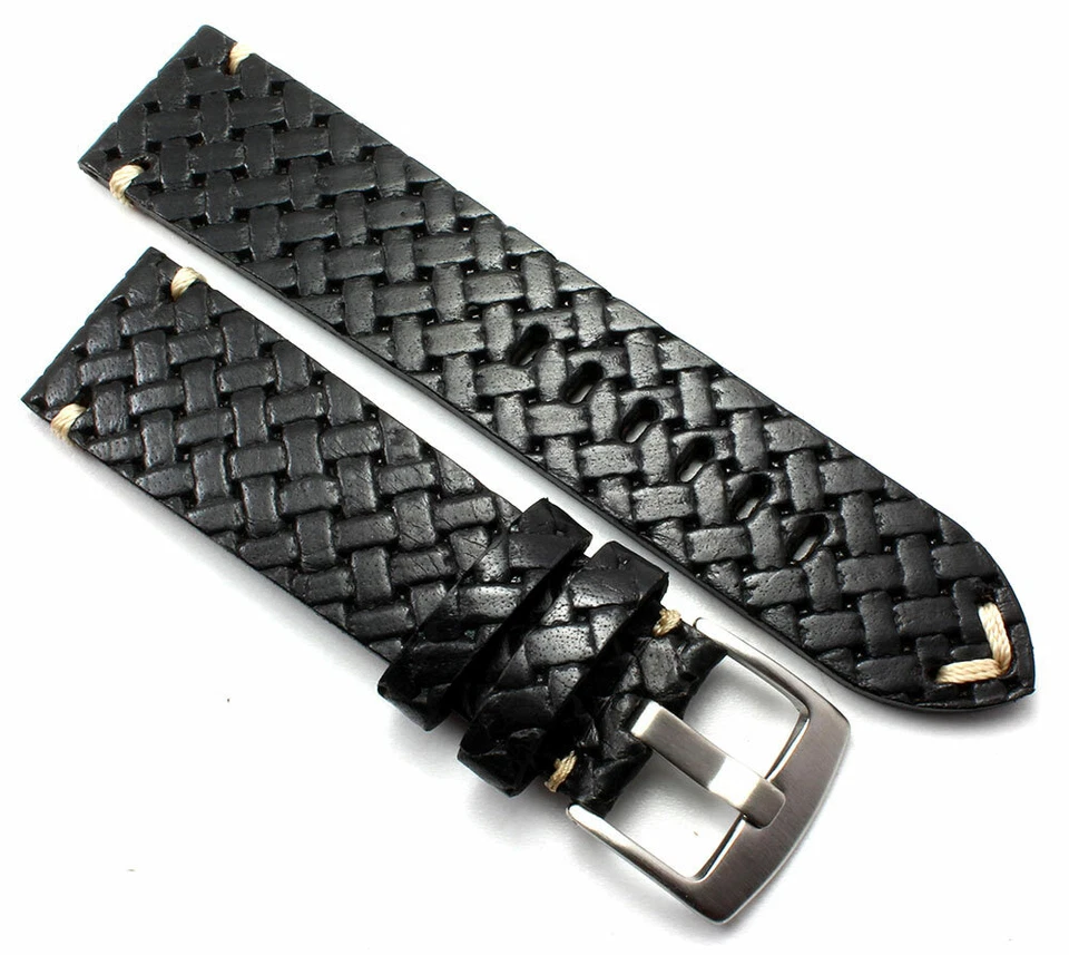 Banda estilo retro vintage de 22 mm 24 mm hecha en Alemania piel de becerro trenzada en relieve Foto 2 de 4