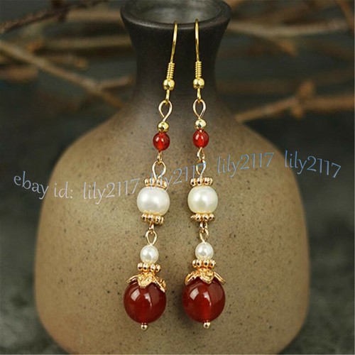 12mm Round Red Agate Gemstone White Freshwater Pearl Dangle Gold Hook Earrings - Picture 2 of 6