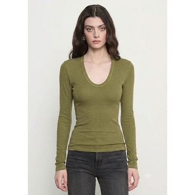 ENZA COSTA Silk Rib Long Sleeve U Top Women Small Olive Stretch Quiet Luxury