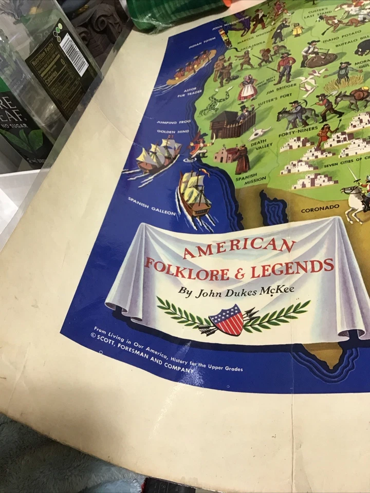 AMERICAN FOLKLORE & LEGENDS  LARGE MAP JOHN McKEE Vintage 1950 Original - Image 3 of 4
