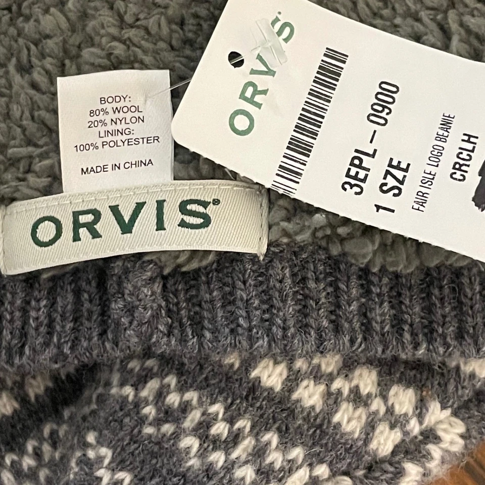 ORVIS Fair Isle 标志豆豆帽羊毛混纺夏尔巴内衬灰色白色均码 — 第 3/4 张图片