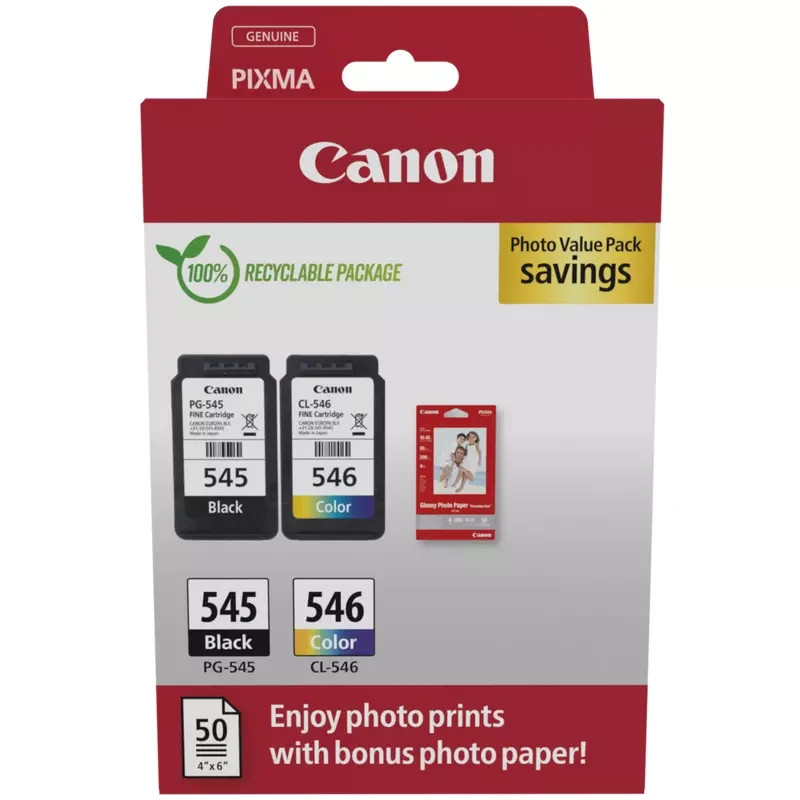 Canon PG545 Black CL546 Colour Ink Cartridge Photo Value Pack For PIXMA MG2950