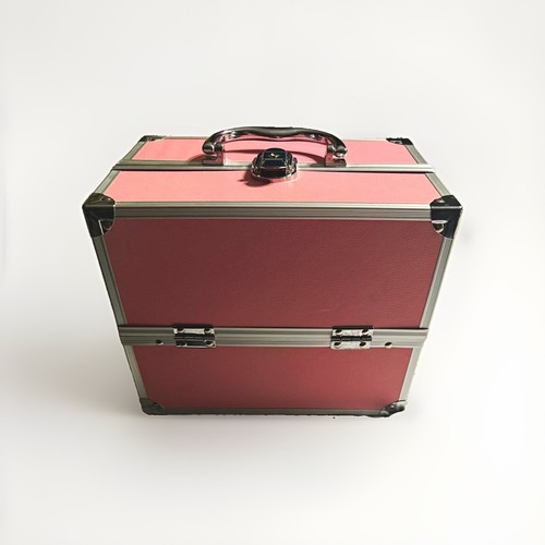 Pink PU Leather & metal Makeup Case with Lock and Handle, Silver & Black Accents