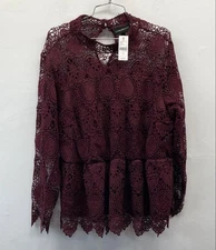 NWT Lane Bryant Women's Burgundy Crochet Lace Mock Neck Peplum Blouse Size 18