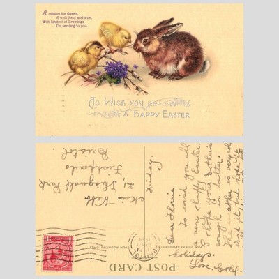 Alte Postkarte - Ostergruß Hase und Küken 1934 Bristol POSTED