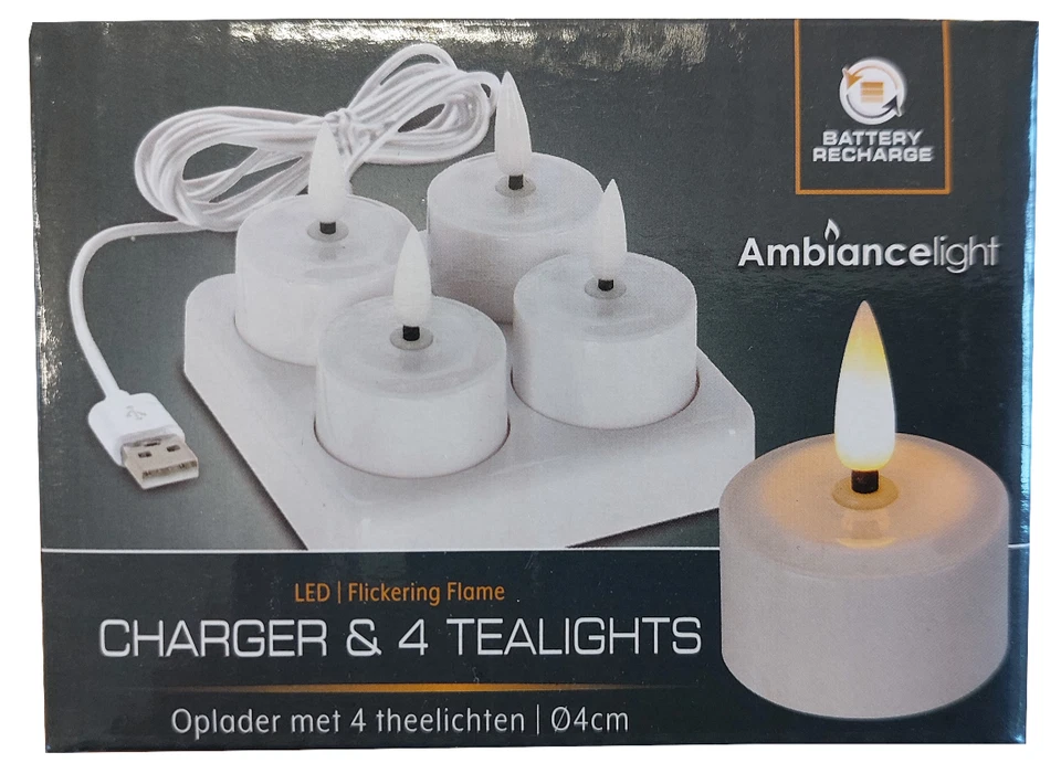 LED Teelichter 4 Stück warmweiß flackernd aufladbar USB Ladestation flammenlos - Bild 3 von 4