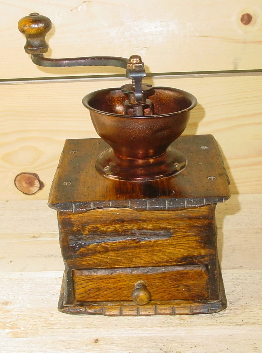 Antique Primitive Copper Hopper Wood Coffee Grinder with Adjustable Grind