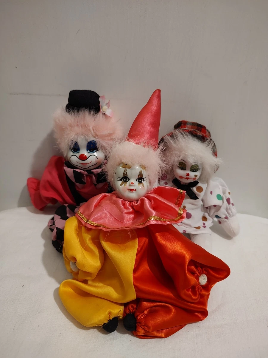 Lot of 3 Collectible Porcelain Stuffed Circus Clown Dolls