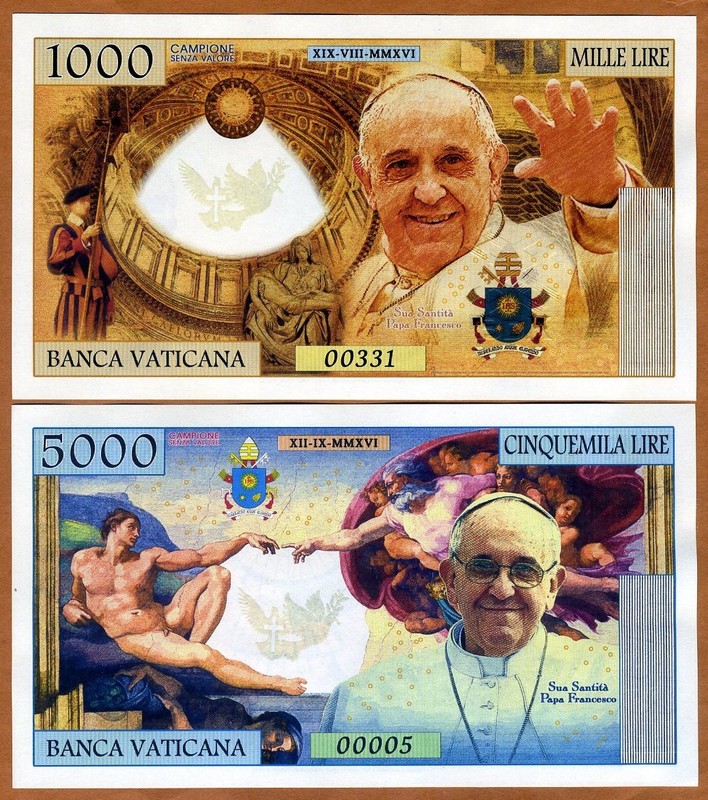 SET Vatican, 1000;5000 Lire, 2016 Private Issue Kamberra, UNC Pope Francis