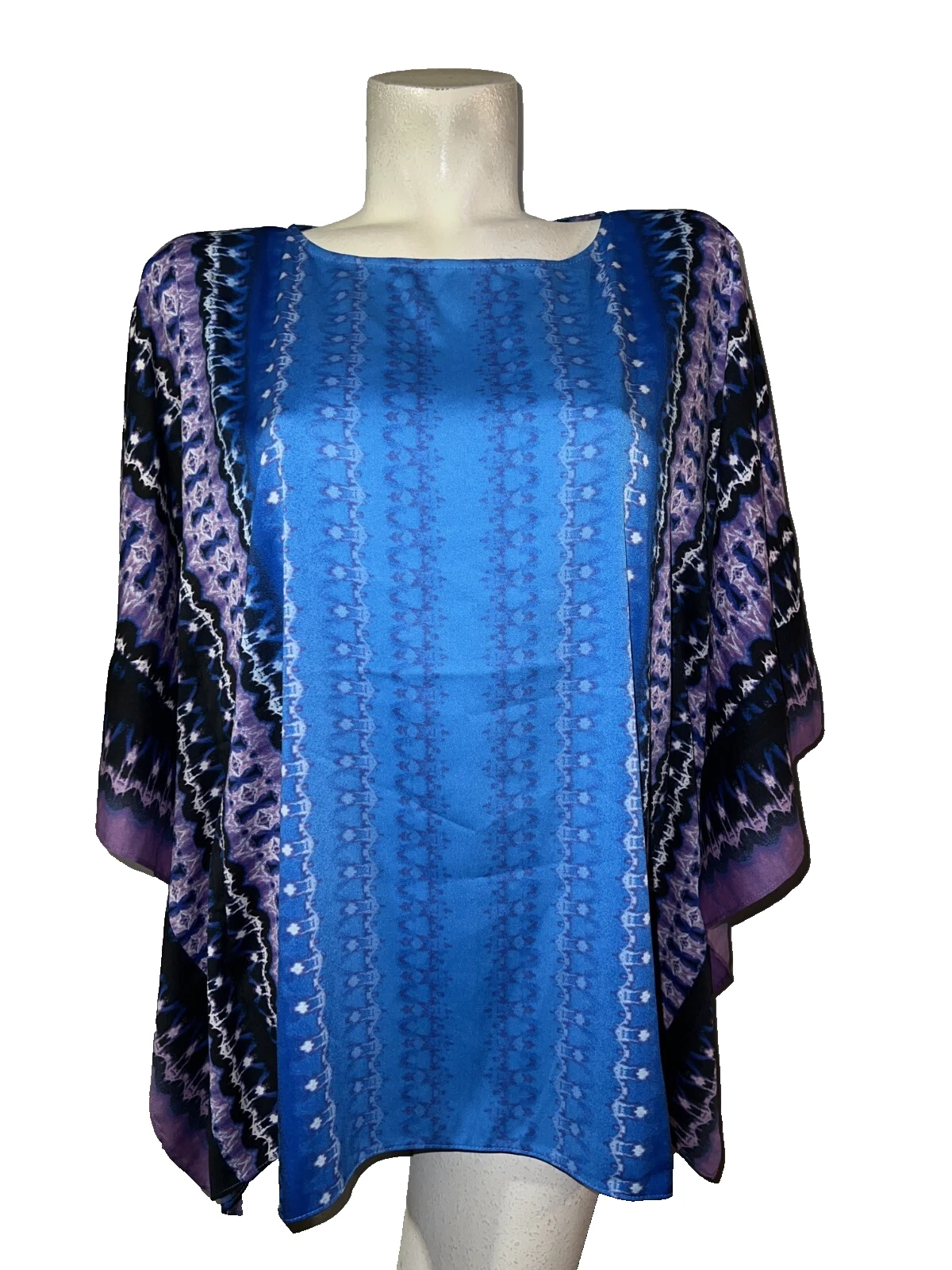 New Bob Mackie Top Women's Size M Blue Tribal Print Poncho Caftan Blouse A305609