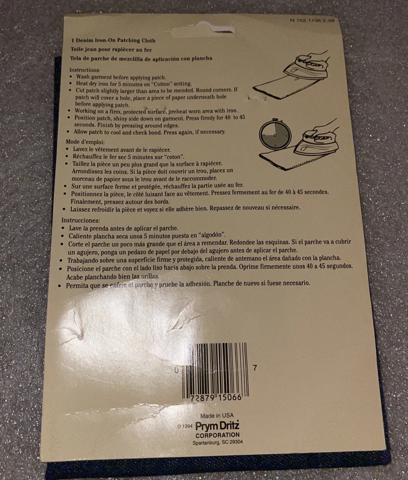 Vintage NOS Dritz 55260-3D Iron-On Patching Cloth 10"X14"-Dark Blue Denim - Image 2 of 2