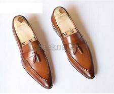Handmade Men's Leather Loafers Brown Fashion Tassels Moccasins Formal Shoes-463