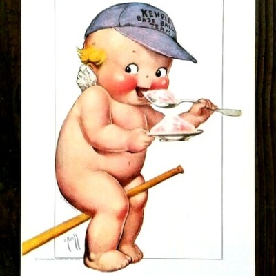 Vintage Original 1915 Kewpie Lithograph Print Baseball Player with Bat/Ice Cream