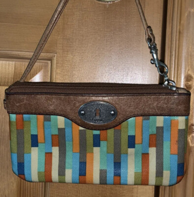 Fossil Purse Bag Clutch Wristlet 4X 7” Rainbow With Keyhole Logo Leather 