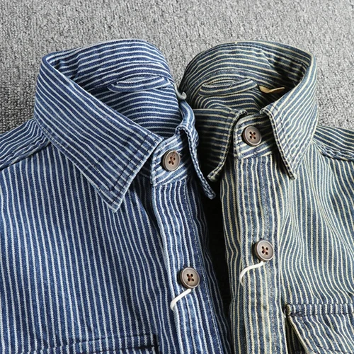 Garngefärbt Streifen Stoff gewaschen Retro Workwear Jeanshemd Herren Freizeithemd - - Bild 6 von 21