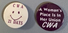 2 Vintage CWA Pinback Buttons, Communications Workers of America, Union, 1970s