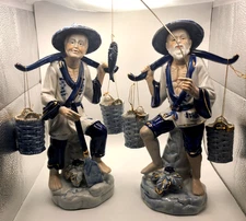 Vintage Chinese Porcelain Figurines Fishermen with Water Buckets Gold Gilded