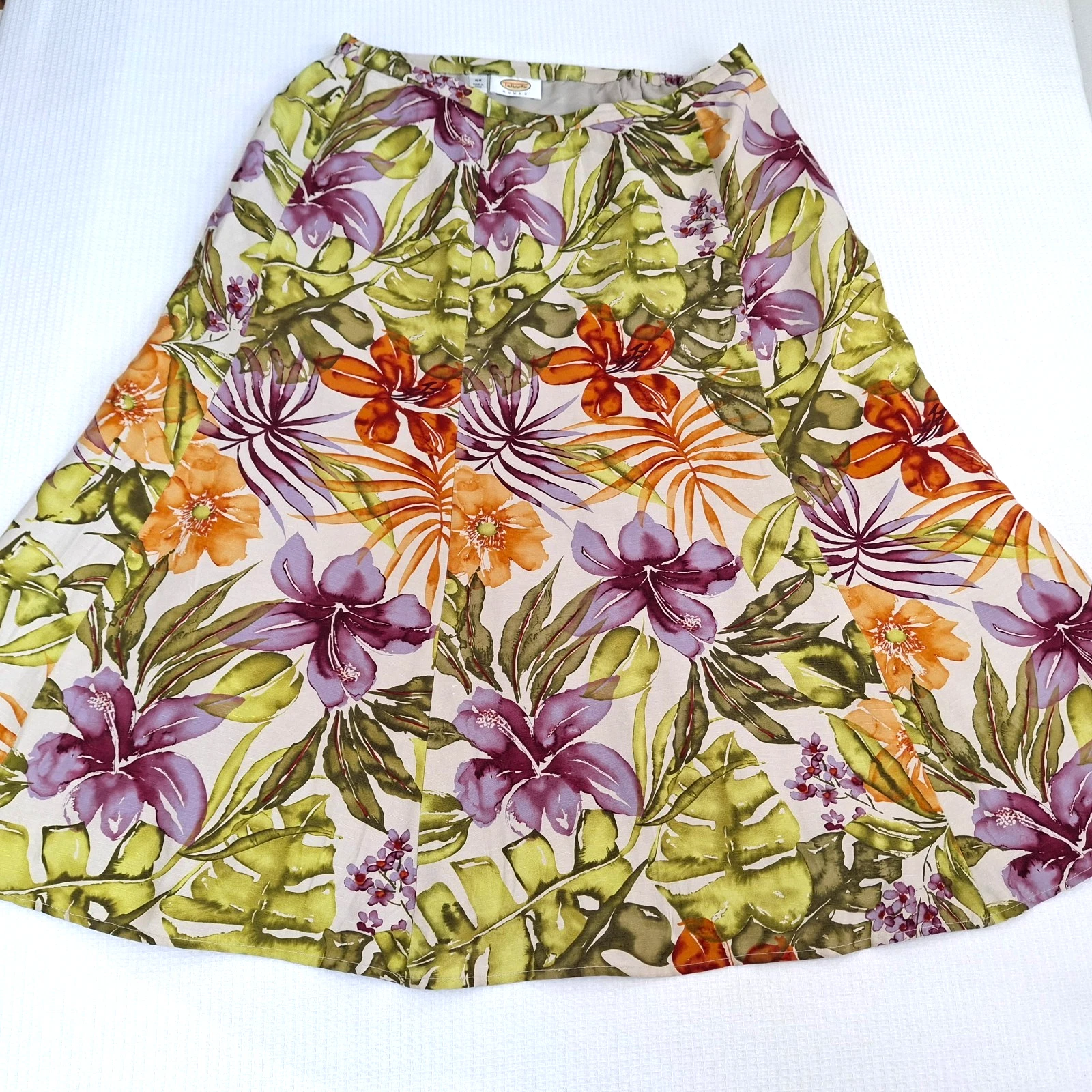 Talbots Skirt Womens 16W Silk Linen Tropical Floral A-Line Elastic Sides Lined